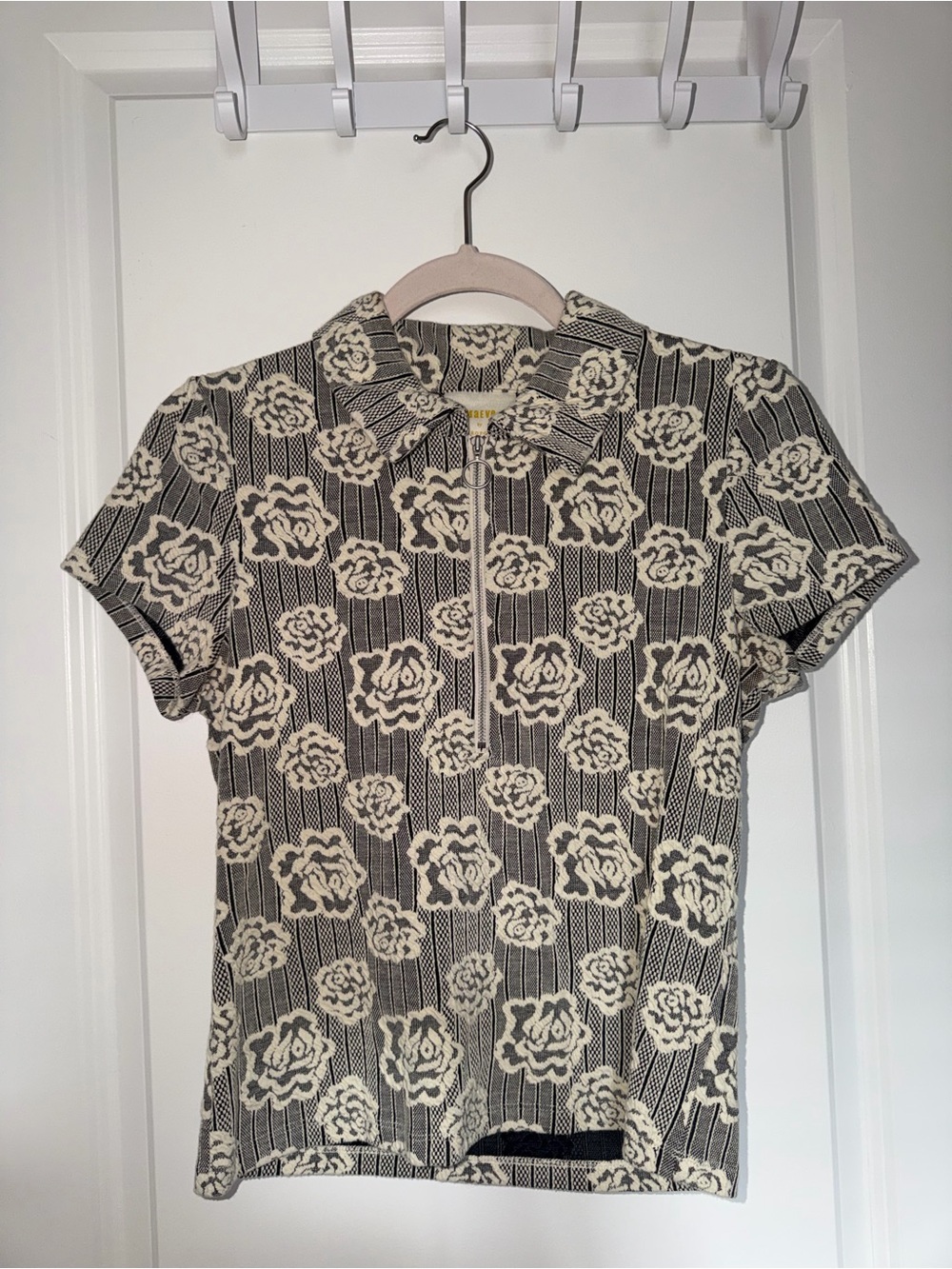 Maeve Cream and Black Floral Zip Polo Top